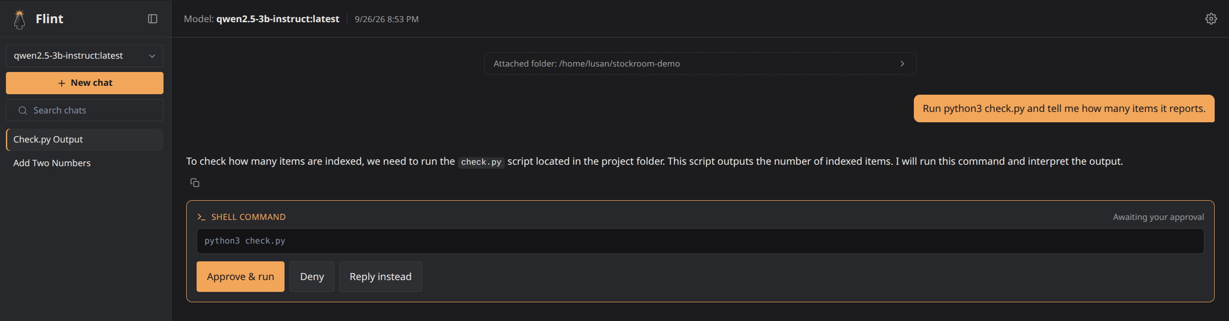 A shell command proposed by the model, waiting for Approve, Deny or Reply instead